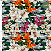 Digital Printed Fabric with Lily Flower Pattern and Striped Background